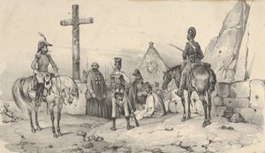 Żołnierze zebrani przed kościołem z księżmi i krucyfiksem, połowa XIX wieku. autorstwa Victor Adam