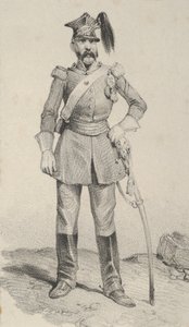 Stojący żołnierz z ręką na hełmie miecza, połowa XIX wieku. autorstwa Victor Adam