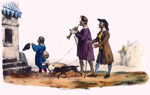 Dwoje niewidomych prowadzonych przez psy i żebraczka. W „Albumie Grotesque, Choices of Outstanding Types”, ilustracje Victor Adam, Paryż, ok. 1850 r. autorstwa Victor Adam