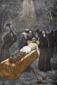 Sprawa opętanych z Loudun (demonów de Loudun) około 1630: polowanie na czarownice, francuski ksiądz Urbain Grandier (1590-1634), który rzekomo zawarł pakt z diabłem i oskarża o omamianie zakonnic, jest torturą do haftu - (Urbain Grandier, francuski