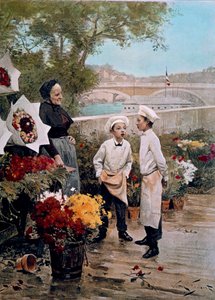 Przyjęcie patrona Uczniowie kwiaciarni i kwiaciarnia na dokach. Grawerowanie według Obrazu Victora Gabriela Gilberta (1847-1933) XIX wiek. Paryż, sztuka dekoracyjna