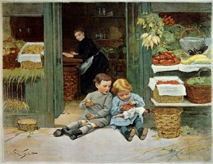 Zwiedź go. Dziecko je tosty przed sklepem spożywczym matki. Mała dziewczynka ma na kolanach lalkę. Obraz Victora Gilberta (1847-1935). Paryż, Sztuka Dekoracyjna autorstwa Victor Gabriel Gilbert