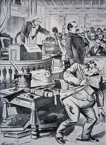 Grover Cleveland (1837-1908) opowiadający prawdę o swoim życiu prywatnym, podczas gdy jego przeciwnik James Blaine (1830-93) jest przedstawiany jako skorumpowany autorstwa Victor Gillam