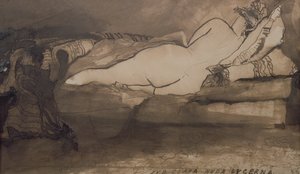 Sleeping Nude (pióro i tusz i pranie na papierze)