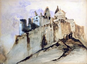 Zamek Vianden, 1871 (toaleta, długopis i atrament i pranie na papierze) autorstwa Victor Hugo