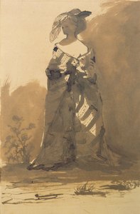 Kobieta ubrana w płaszcz i kapelusz z piórami (pióro, atrament i pranie na papierze) autorstwa Victor Hugo