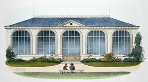 Oranżeria w Bellombre (Bourgogne) ilustracja z „Habitations Champetres” wydana w Paryżu, ok. 1895 (chromolitho)