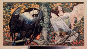 Sirin i Alkonost, Pieśń radości i smutku (Sirin i Alkonost, Pieśń radości i smutku) Prorocze ptaki o kobiecej twarzy z rosyjskiego folkloru - Grafika Wiktora Michajłowicza Wasnetsowa (1848-1926), akwarela na papierze