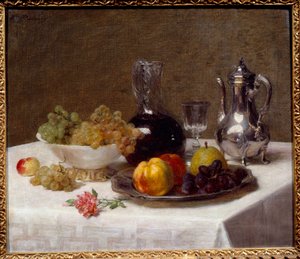Table corner Martwa natura z owoców (winogrona, pigwa i gruszka), sztućce i dzbanek na wino. Obraz Victorii Dubourg (1840-1926) XX w. Niedz. 0,52x0,63 m Grenoble, Musee des Beaux Arts autorstwa Victoria Dubourg
