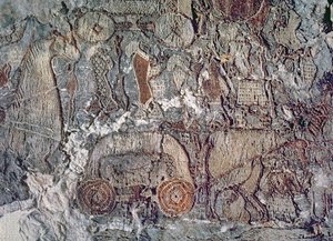 Fragment zwierzęcia ciągnącego wózek, z gobelinu znalezionego na statku Oseberg (tekstylia)