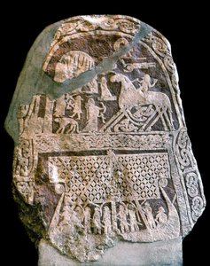 Runestone depicting Wotan (Odin) on his eight-legged horse Sleipnir, boarding a Viking longship (stone)