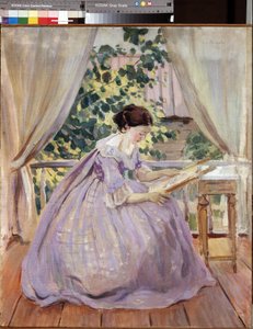 „La brodeuse” (Hambroideress) Peinture de Viktor (Victor) Elpidiforovich Borisov-Musatov (Borisov Musatov) (1870-1905) 1901 Państwowe Muzeum Rosyjskie, Saint Petersbourg