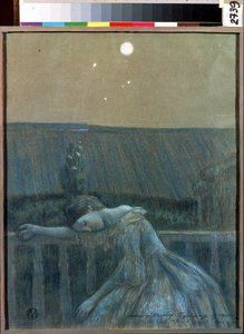 „Smutek” (smutek) Zdesperowana młoda dziewczyna oparta o balustradę. Akwarela i pastel – Viktor (Victor) Elpidiforovich Borisov-Musatov (Borisov Musatov) (1870-1905) (symbolika) 1903 Państwowe Muzeum Historii i Sztuki Serpukhov (Serpukhov).