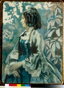 Portret kobiety, z zamkniętymi oczami, zamyślony, w sukience z krynoliny - grafika Viktora (Victora) Elpidiforovicha Borisov-Musatov (Borisov Musatov) (1870-1905)