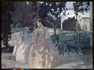 Gobelin. Dwie eleganckie młode kobiety spacerują po ogrodzie zamożnej posiadłości. Obraz Viktora (Victora) Elpidiforovicha Borisova Musatova (Borisov-Musatov) (1870-1905). tempera na płótnie