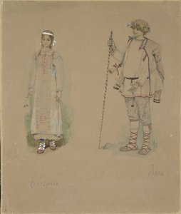 Śnieżna Panna i Lel. Projekt kostiumu do opery Snow Maiden N. Rimskiego-Korsakowa, 1885 autorstwa Viktor Mikhaylovich Vasnetsov