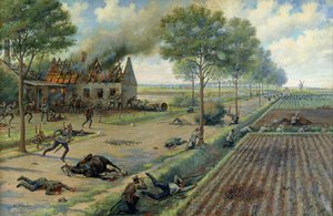 Rosyjska kawaleria walcząca z Niemcami we wsi w 1915 r., ok. 1915-16 (olej na płótnie) autorstwa Viktor Viketyevich Masurovsky