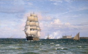 Duńska barka przed zamkiem Kronborg i Elsinore w oddali autorstwa Vilhelm Arnesen