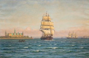 Żaglowce i prom u wybrzeży Kronborg. autorstwa Vilhelm Arnesen