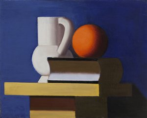 Martwa natura z białym słoikiem, pomarańczą i książką autorstwa Vilhelm Lundstrøm