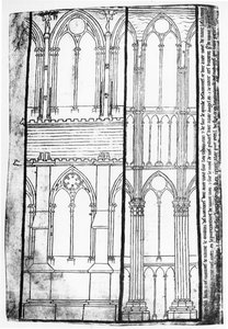 Faksymile kopii Ms Fr 19093 fol.31v Elewacja zewnętrzna i wewnętrzna ścian bocznych katedry w Reims.