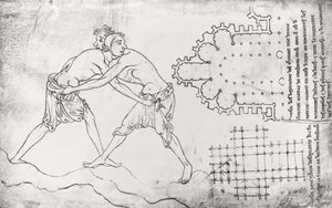 Ms.Fr.19093 fol.14v Dwóch zapaśników, plan kościoła cysterskiego i plan chóru Notre-Dame de Cambrai (kopia faksymile)