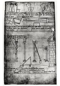 Ms.Fr.19093 fol.20v Figury geometryczne do konstrukcji, łuki i człowiek mierzący wysokość wieży (kopia faksymile)