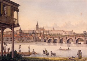 Widok na Małą Dzielnicę i Zamek Praski Hradczany z Łaźni Papouka, 1825 (kolorowa akwaforta)