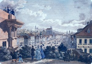 Targ koni na Placu Wacława, Praga, 1835 (kolorowa staloryt) autorstwa Vincenc and Geissler, F. Morstadt