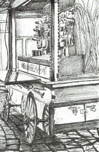 Wózek poza Cheers Bar Boston USA, 2003, (tusz na papierze) autorstwa Vincent Alexander Booth