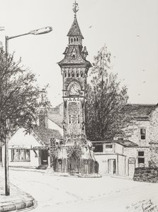 Wieża zegarowa, Hay on Wye, 2007, (tusz na papierze) autorstwa Vincent Alexander Booth