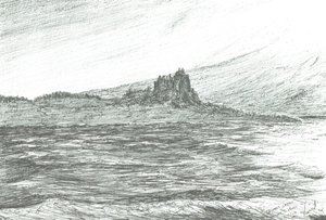 Zamek Duart z promu;2007;(tusz na papierze) autorstwa Vincent Alexander Booth