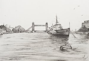 HMS Belfast nad Tamizą Londyn, 2006, (Ink on Paper) autorstwa Vincent Alexander Booth