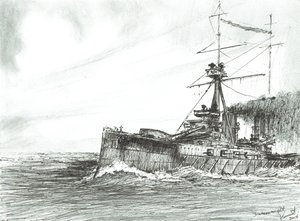 HMS Dreadnought na morzu, 2017, (tusz na papierze) autorstwa Vincent Alexander Booth