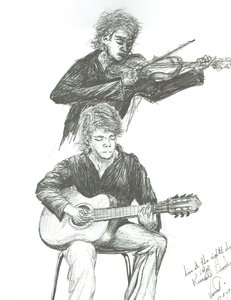 Gitarzysta i skrzypek w kawiarni ósmego dnia Manchester, 2007 autorstwa Vincent Alexander Booth