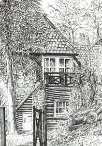 Dom z bali, 2019, (tusz na papierze) autorstwa Vincent Alexander Booth