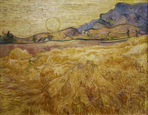 Pole pszenicy ze żniwiarzem i słońcem, 1889 r. autorstwa Vincent van Gogh