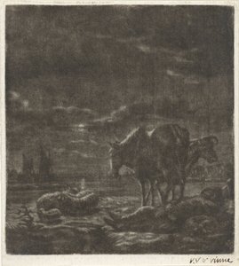 Nocny krajobraz ze śpiącym pasterzem i bydłem autorstwa Vincent Laurensz. van der Vinne (II)