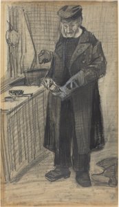 Mężczyzna polerujący but, 1882 (czarna kreda i szary lakier, z białymi wzniesieniami na papierze tkanym) autorstwa Vincent van Gogh