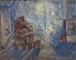"Noc" (Noc) Rodzina chłopska we wnętrzu - Obraz Vincenta van Gogha (1853-1890) według Milleta autorstwa Vincent van Gogh