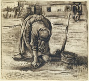 Chłopka sadząca ziemniaki, ok. 1885 r. (czarna kreda i węgiel na papierze) autorstwa Vincent van Gogh