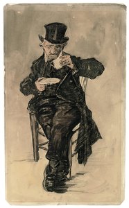 Mieszkaniec biednego domu w cylindrze popijający filiżankę kawy, 1882 autorstwa Vincent van Gogh