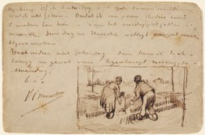 Pocztówka z kopaniem dwóch chłopów, 1885 (pióro i brązowy atrament na pocztówce) autorstwa Vincent van Gogh