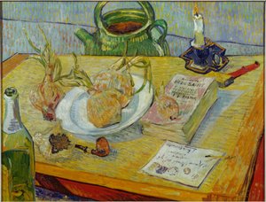 Martwa natura z deską kreślarską, rurą, cebulą i woskiem uszczelniającym autorstwa Vincent van Gogh