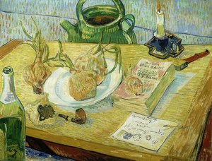 Martwa natura z deską kreślarską, fajką, cebulą i woskiem uszczelniającym. 1889 autorstwa Vincent van Gogh
