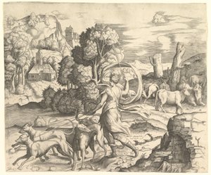 Diana Łowczyni w krajobrazie, ca. 1530-42. autorstwa Vincenzo Caccianemici