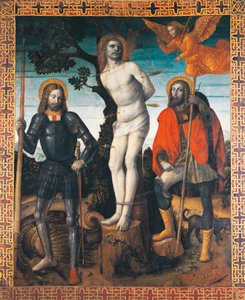 Św. Sebastian, św. Rocco i św. Giorgio, rewers chorągwi procesyjnej Orzinuovi, autorstwa Vincenzo Foppy (ok. 1427 - ok. 1515), obraz na płótnie.