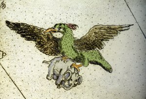 Olbrzymi ptak Rok niosący słonia między szklarniami, aby przekazać go młodym, szczegółową mapę świata autorstwa Vincenzo coronelli (1650-1718). XVII wiek