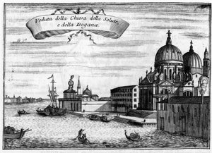 Wenecja, Włochy. Kościół Santa Maria della Salute zaprojektowany przez architekta Baldassare Longhena oraz Urząd Celny Morski. W „”Singularity of Venice”” Vincenzo Coronelli (1650-1718).