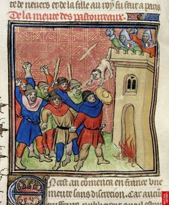 Fragment miniatury Trzeciej Krucjaty Pastoureaux. Żydzi wyrzucający dzieci z wieży, po 1380